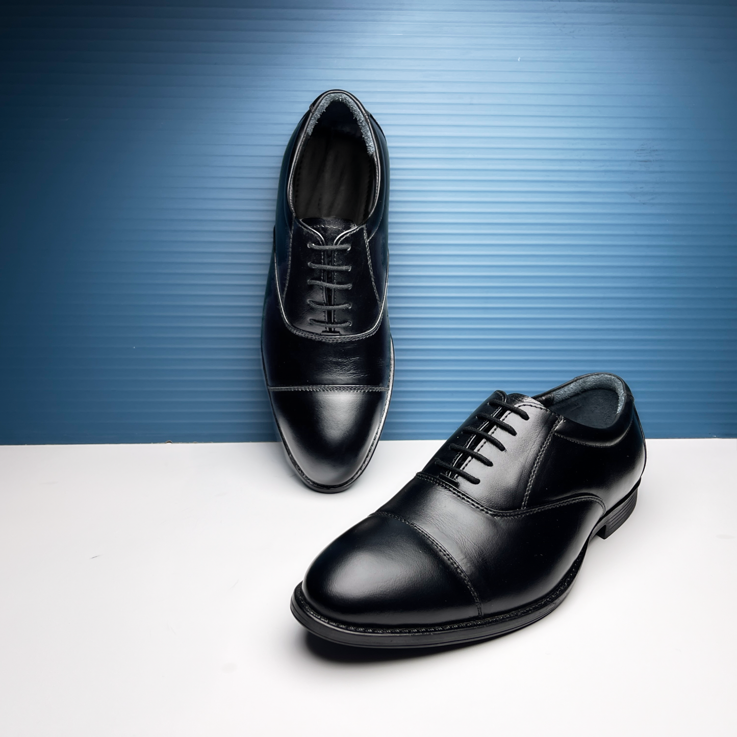 Genuine Leather Formal Shoes | Comfortable Handcrafted Cap-toe Shoes for Men (RXCT) (Black)