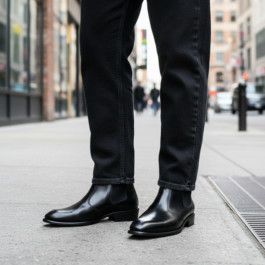 Man wearing black Chelsea boots with straight-leg baggy jeans from waist down