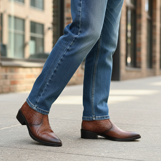 Man wearing brown embossed Chelsea boots with straight-leg baggy blue jeans from waist down