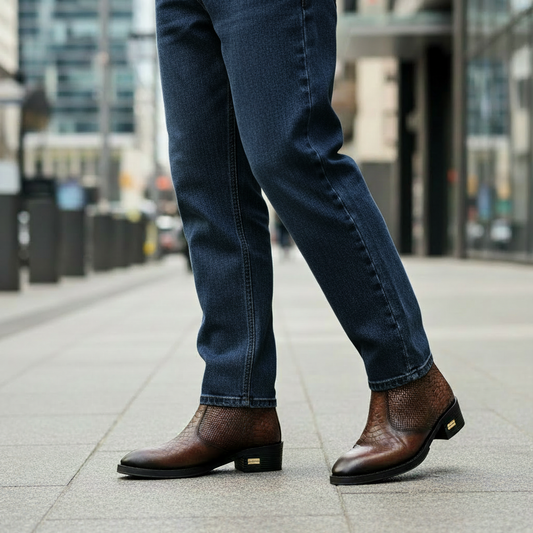 Man wearing brown textured Chelsea boots with navy blue baggy jeans from waist down