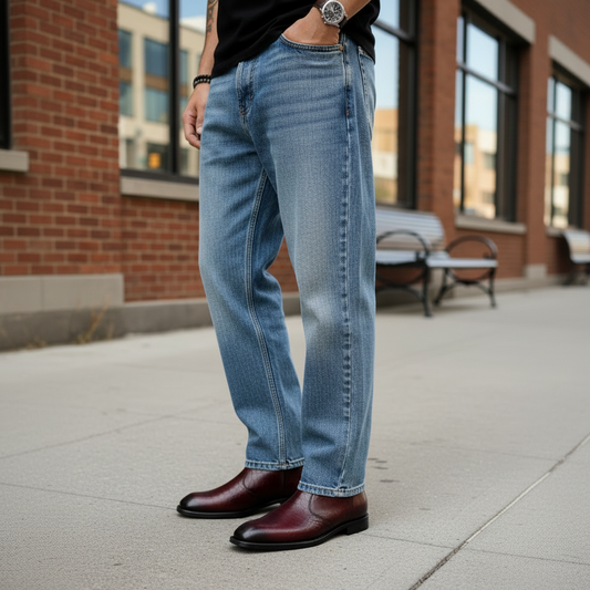 Man wearing burgundy boots with straight-leg baggy jeans from waist down