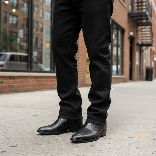 Man wearing embossed black Chelsea boots with loose baggy boot cut jeans from waist down