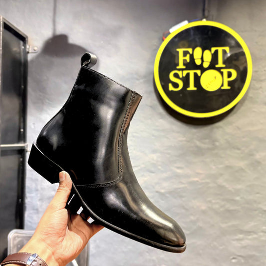 Cuban Heel Chelsea Boots with Leather Sole | Square Toe | Side Chain (Black)