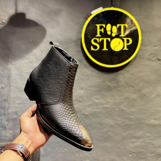 Cuban Heel Croco Chelsea Boots with Gold Steel Point | Point Toe | Side Chain (Black)