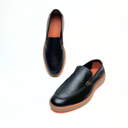 Genuine Leather Loafers for Men with Stylish Orange Sole (Black)