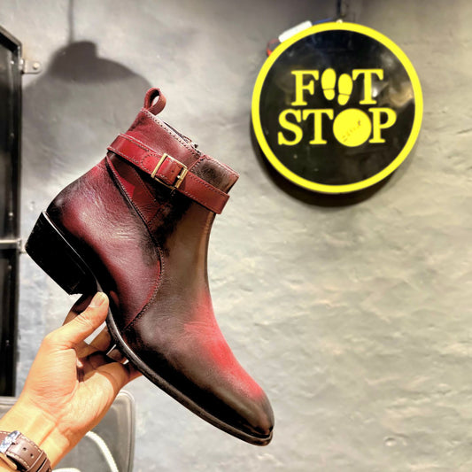 Cuban Heel Chelsea Boots with Leather Sole | Square Toe | Side Chain (Cherry)