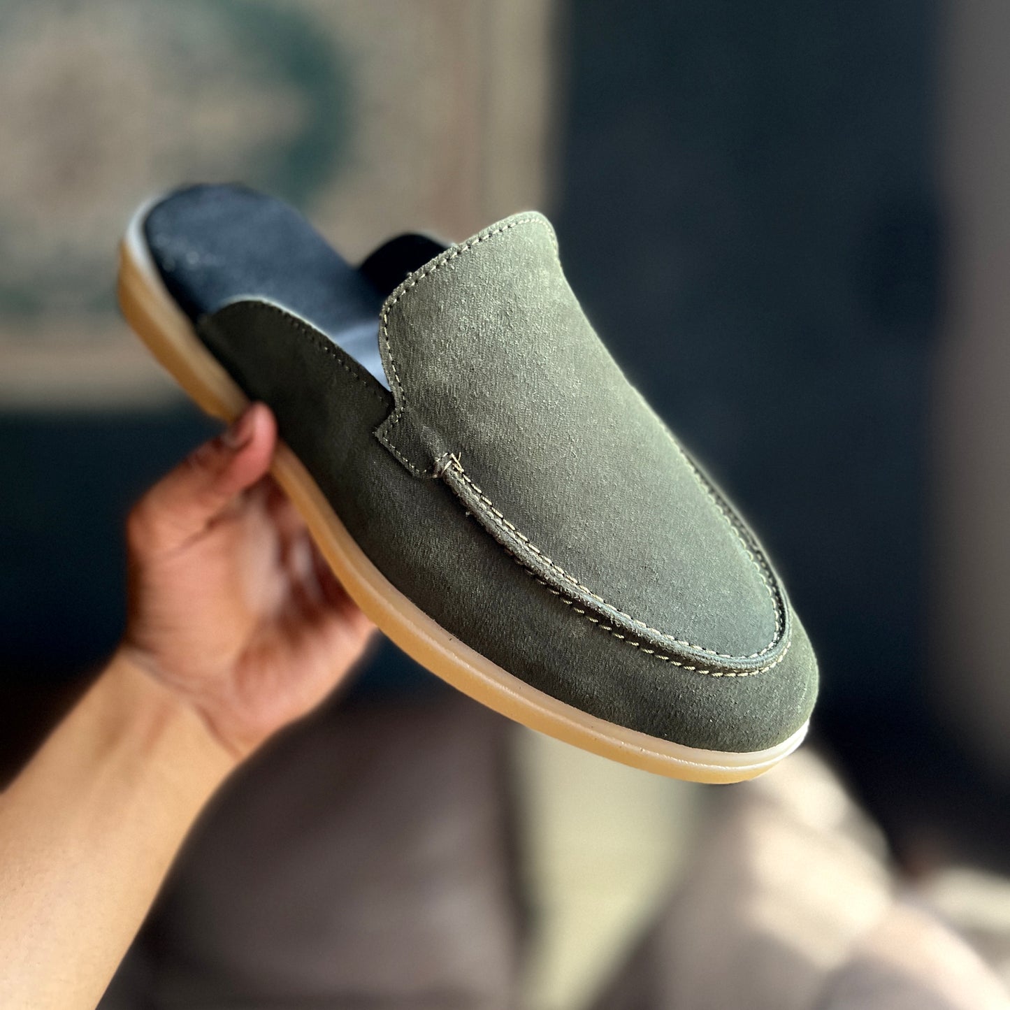 Suede Leather Mules (Olive Green)