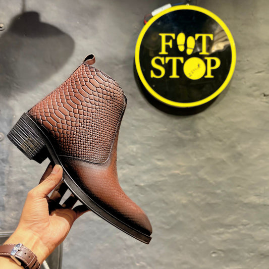 Cuban Heel Croco Chelsea Boots | Square Toe | Side Chain (Brown)