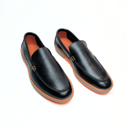 Genuine Leather Loafers for Men with Stylish Orange Sole (Black)