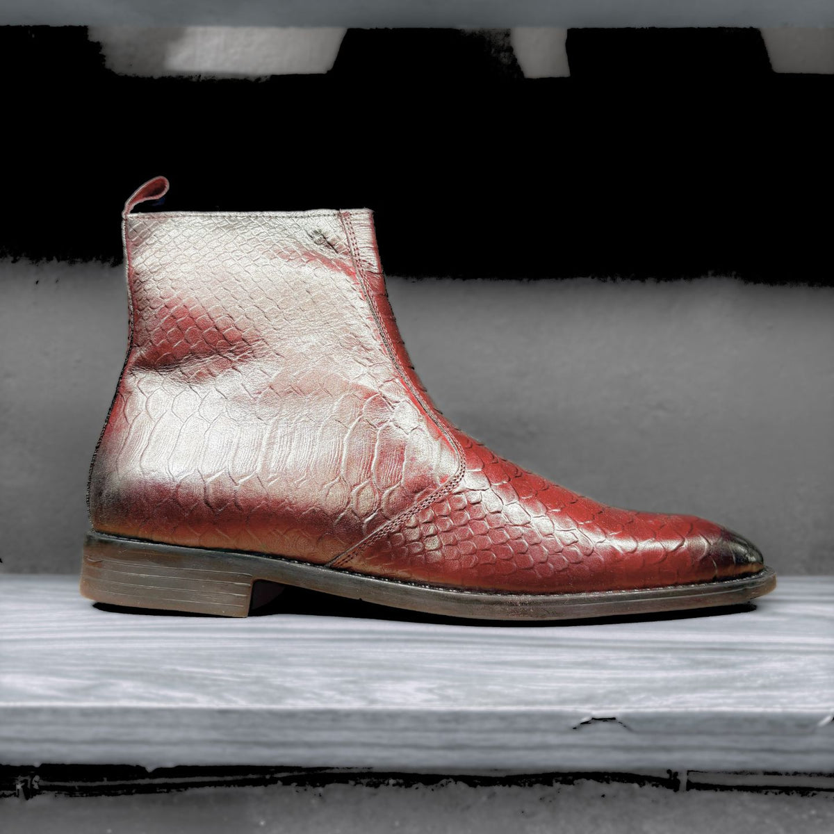 Cuban Heel Croco Chelsea Boots with Leather Sole | Square Toe | Side Chain (Cherry)