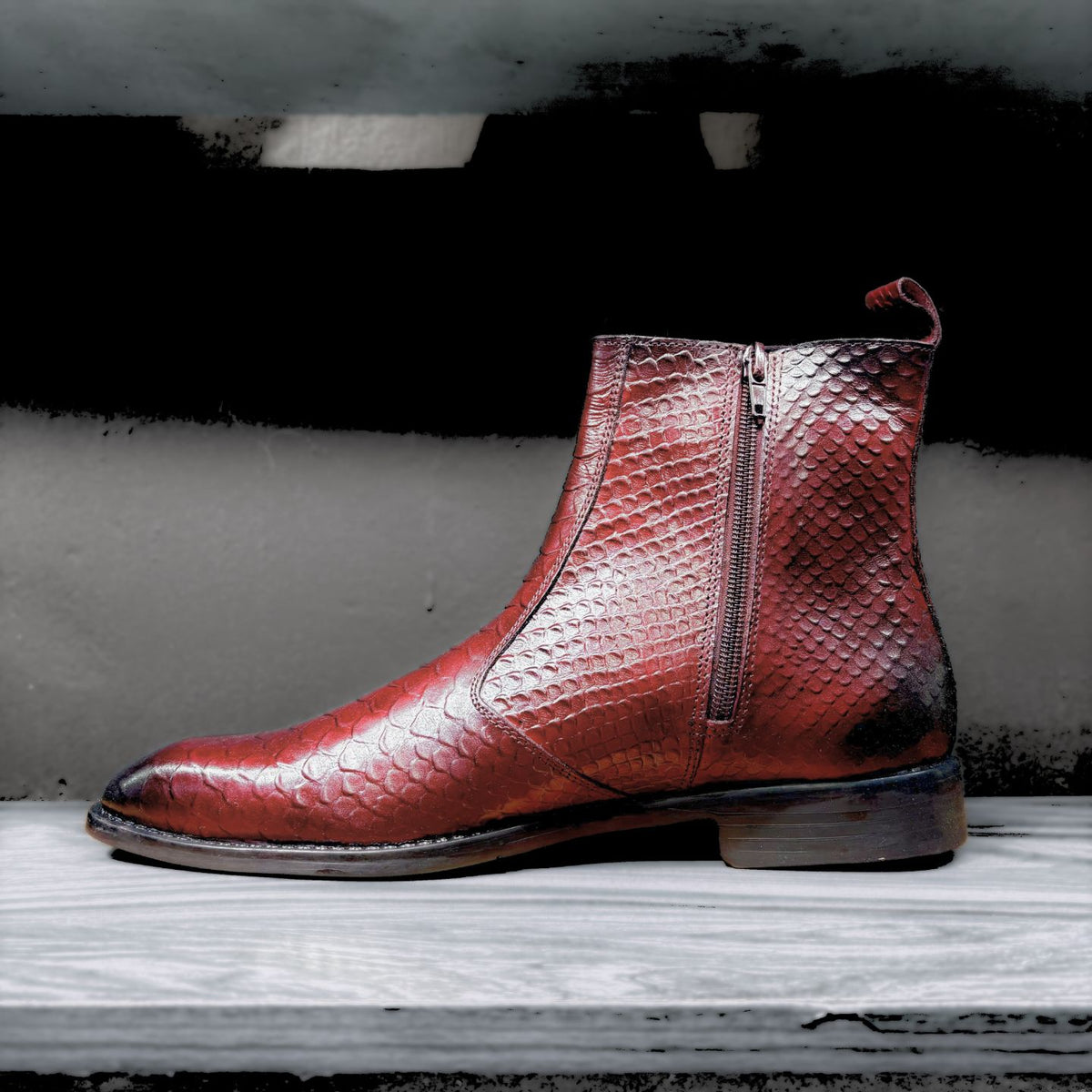Cuban Heel Croco Chelsea Boots with Leather Sole | Square Toe | Side Chain (Cherry)