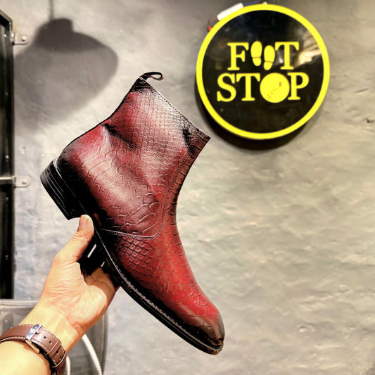 Cuban Heel Croco Chelsea Boots with Leather Sole | Square Toe | Side Chain (Cherry)