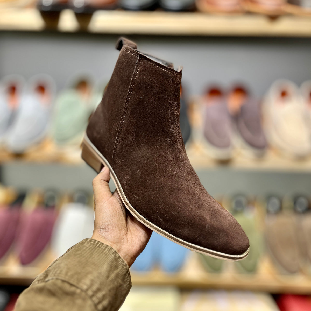 Genuine Suede Leather Boots with Leather Sole+Wood Heel (Brown)