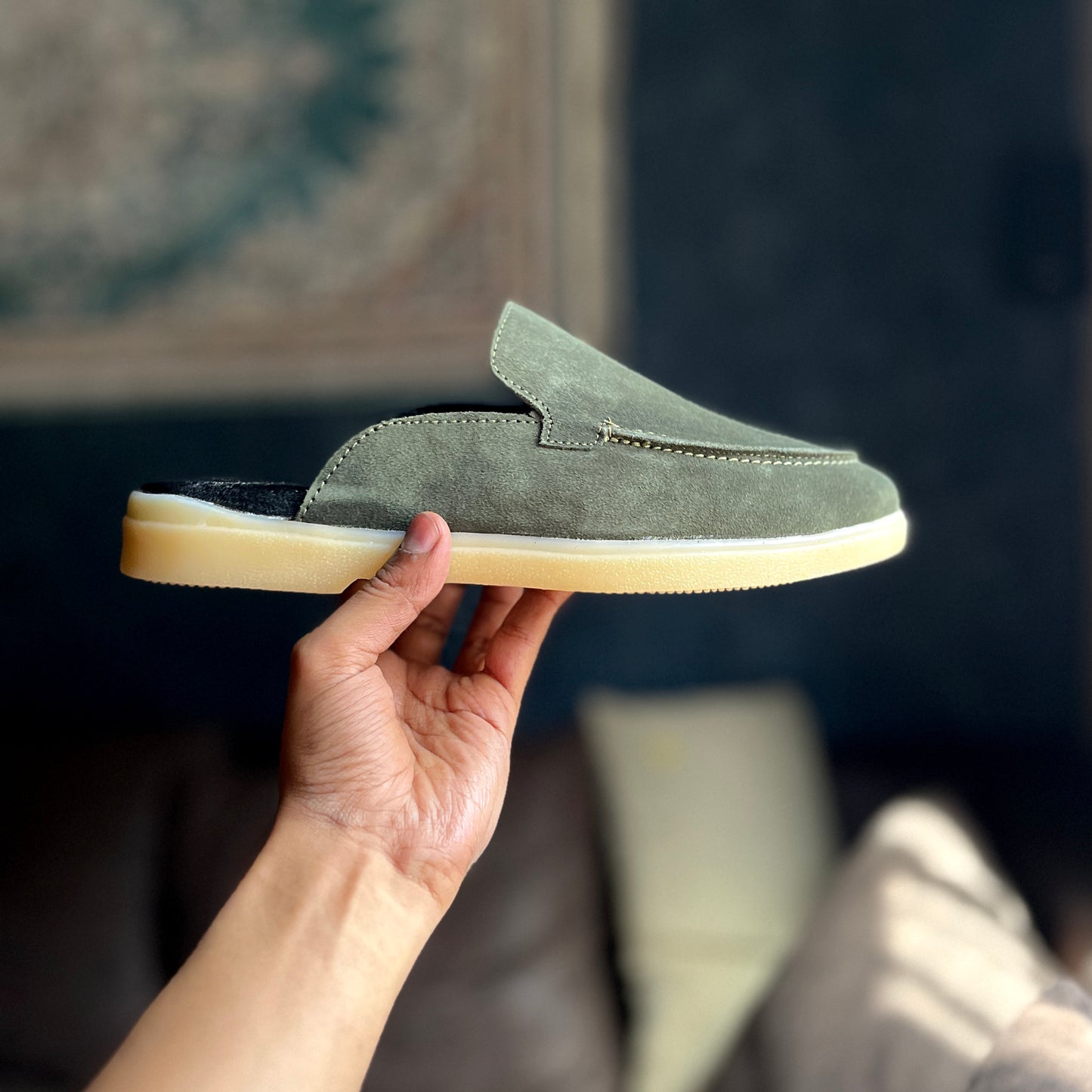 Suede Leather Mules (Olive Green)
