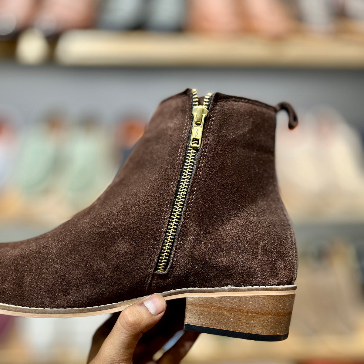 Genuine Suede Leather Boots with Leather Sole+Wood Heel (Brown)