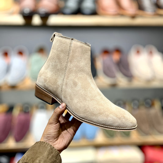 Genuine Suede Leather Boots with Leather Sole+Wood Heel