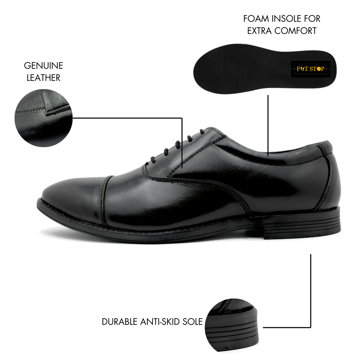 Genuine Leather Formal Shoes | Comfortable Handcrafted Cap-toe Shoes for Men (RXCT) (Black)