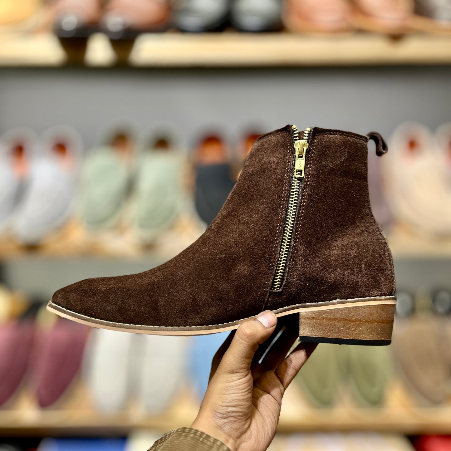 Genuine Suede Leather Boots with Leather Sole+Wood Heel (Brown)