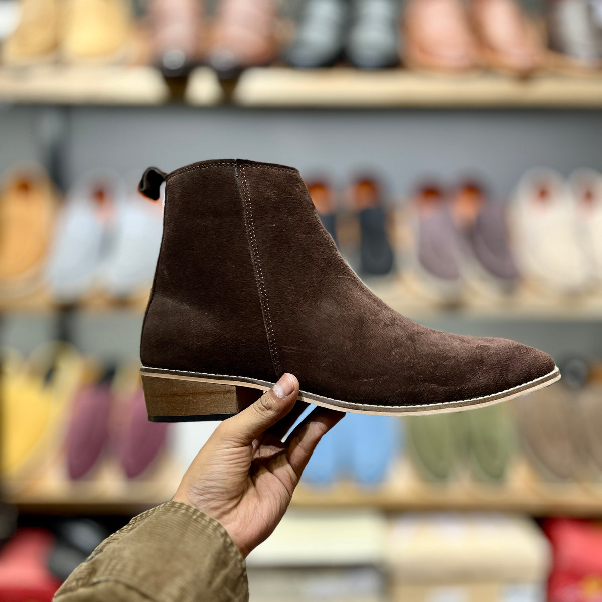 Genuine Suede Leather Boots with Leather Sole+Wood Heel (Brown)