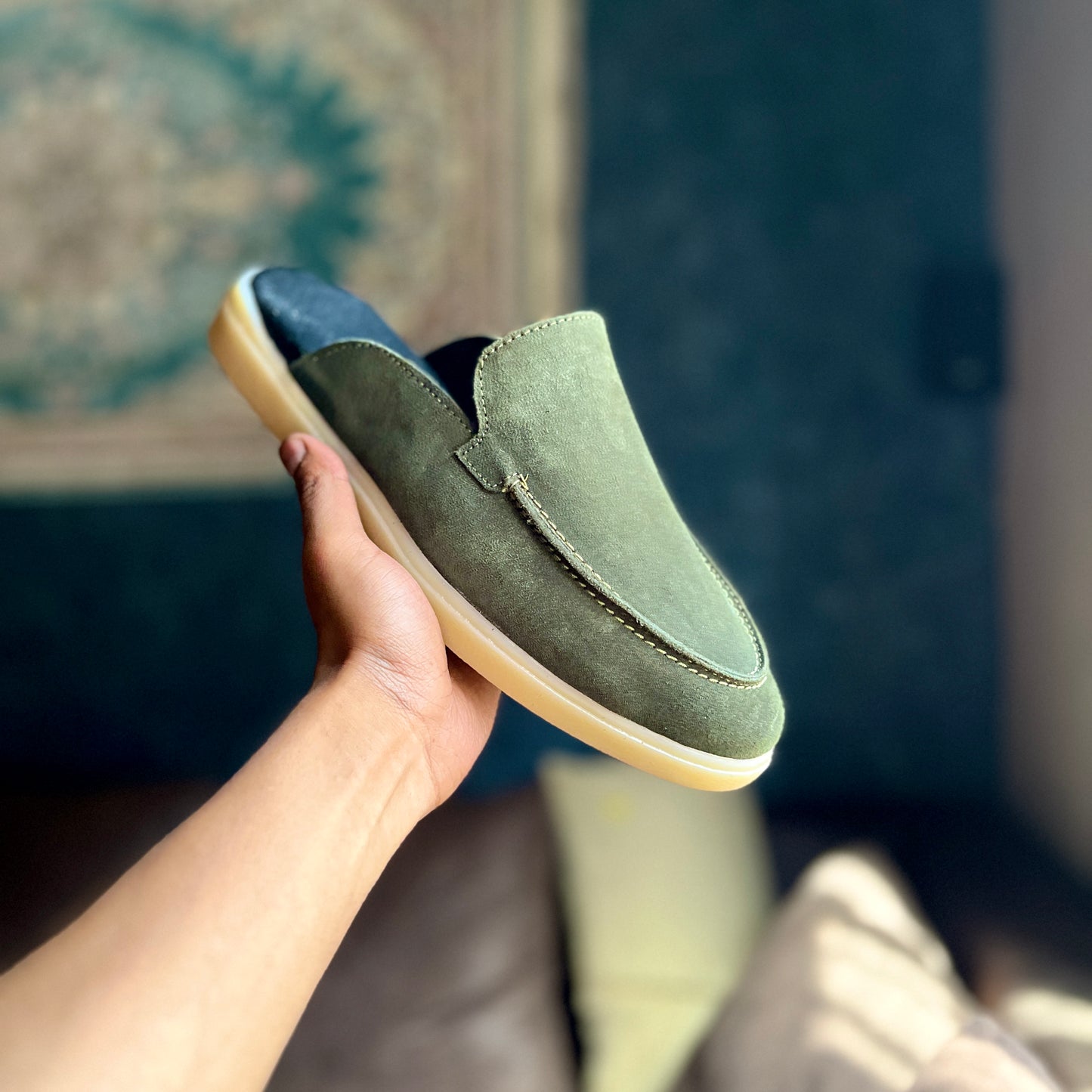 Suede Leather Mules (Olive Green)