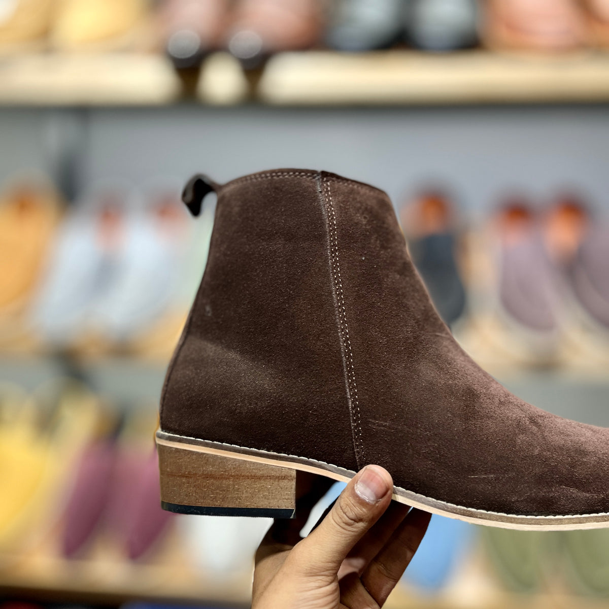 Genuine Suede Leather Boots with Leather Sole+Wood Heel (Brown)