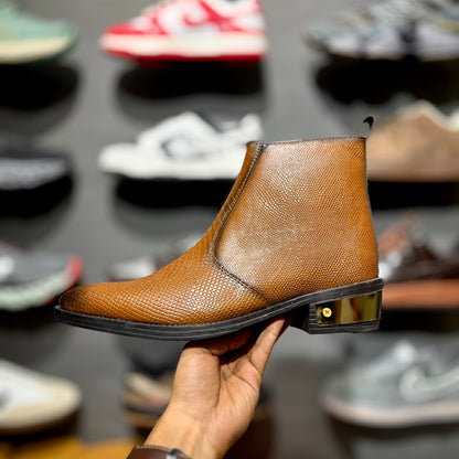 ZA Croco Gold Plate Boots | Point Toe | Chain | Red Sole