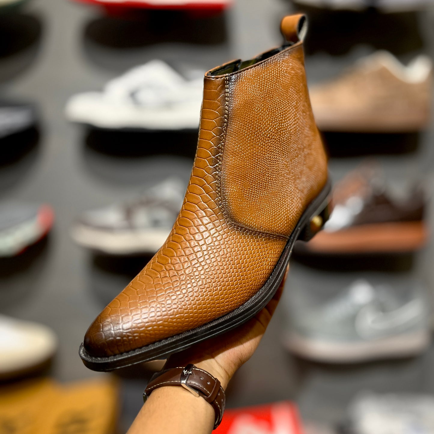 ZA Croco Gold Plate Boots | Point Toe | Chain | Red Sole