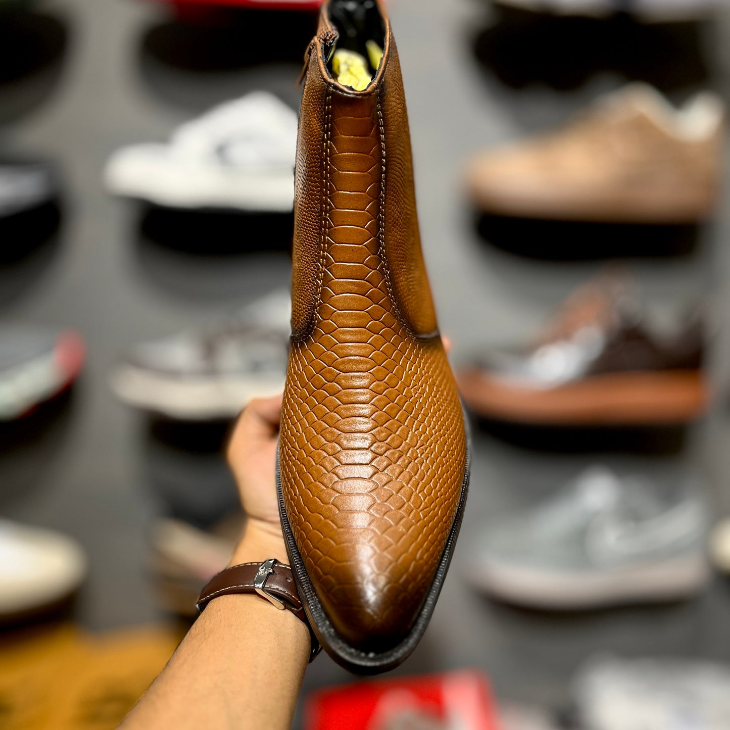 ZA Croco Gold Plate Boots | Point Toe | Chain | Red Sole