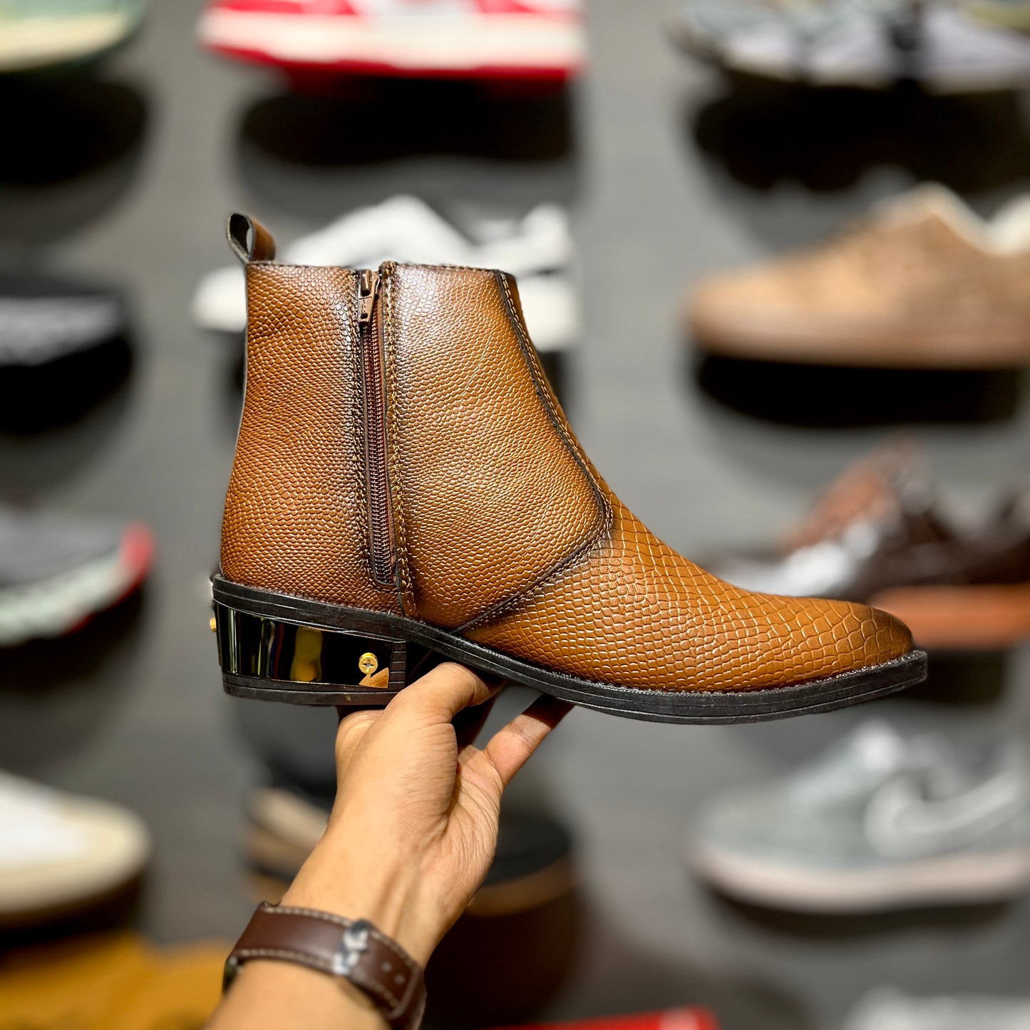 ZA Croco Gold Plate Boots | Point Toe | Chain | Red Sole