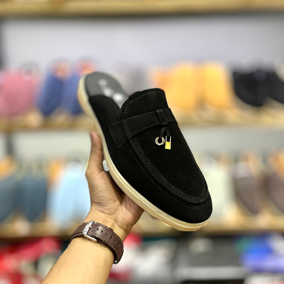 Suede Leather Mules Charms (Black)
