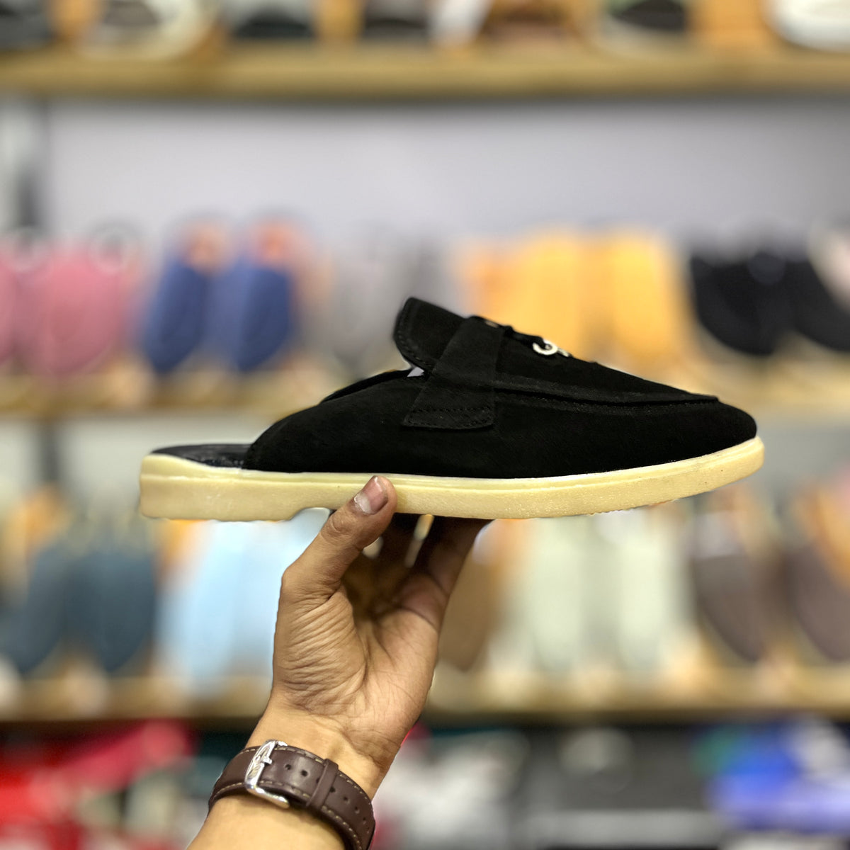 Suede Leather Mules Charms (Black)