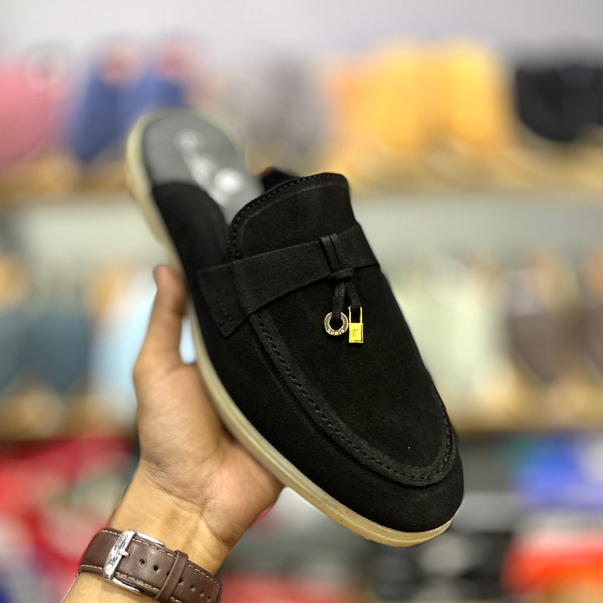 Suede Leather Mules Charms (Black)