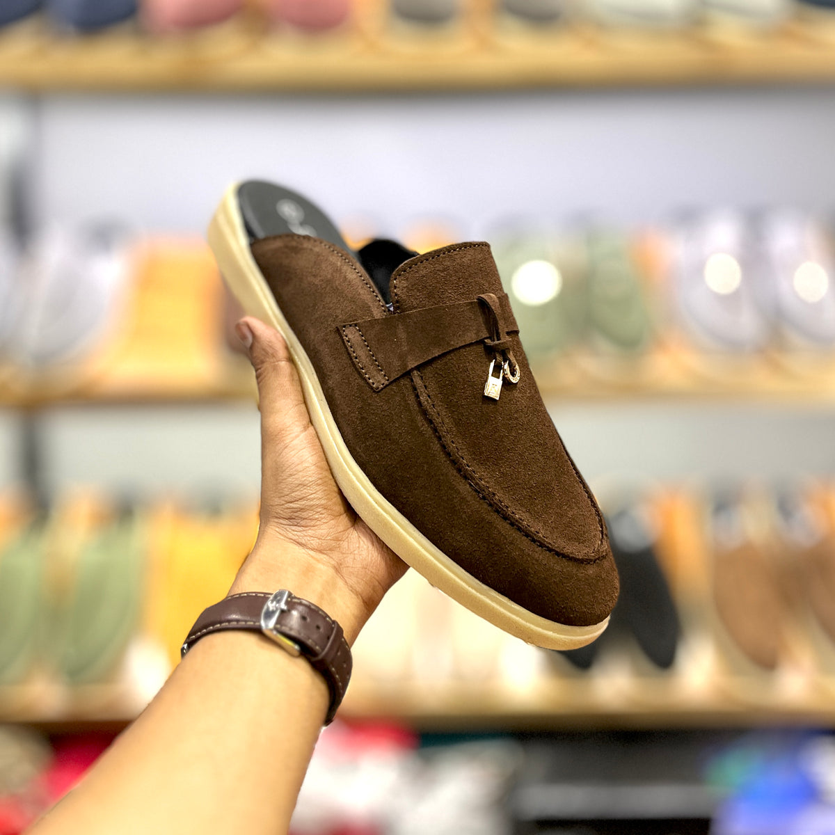 Suede Leather Mules Charms (Brown)
