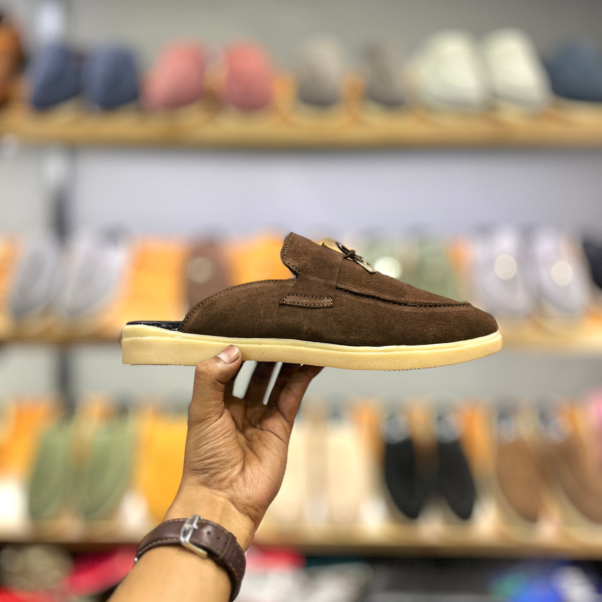 Suede Leather Mules Charms (Brown)