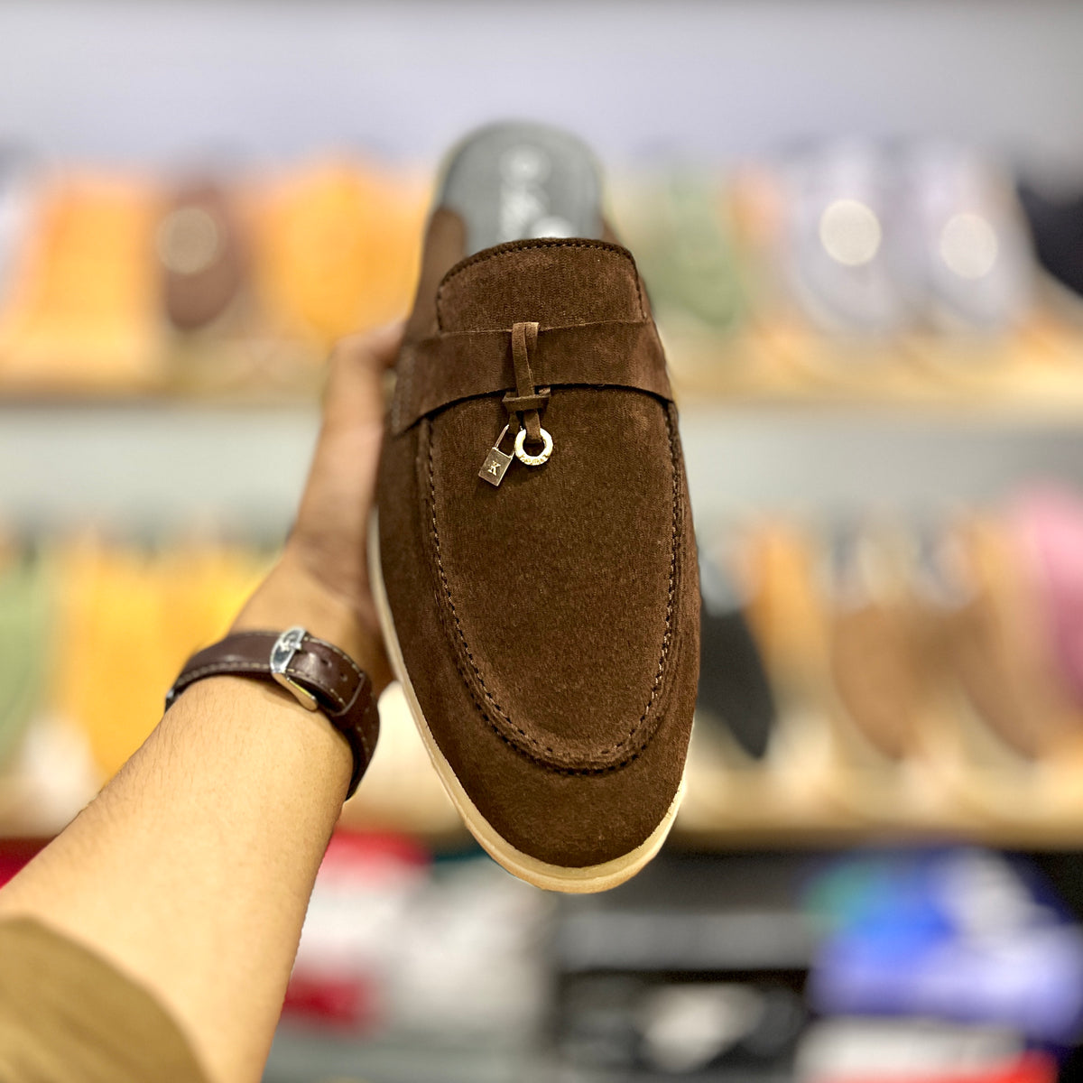 Suede Leather Mules Charms (Brown)