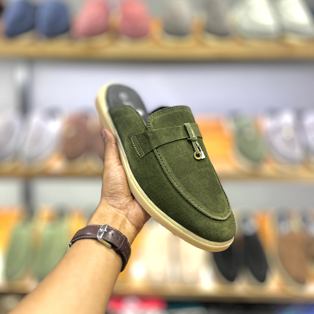 Suede Leather Mules Charms (Olive Green)