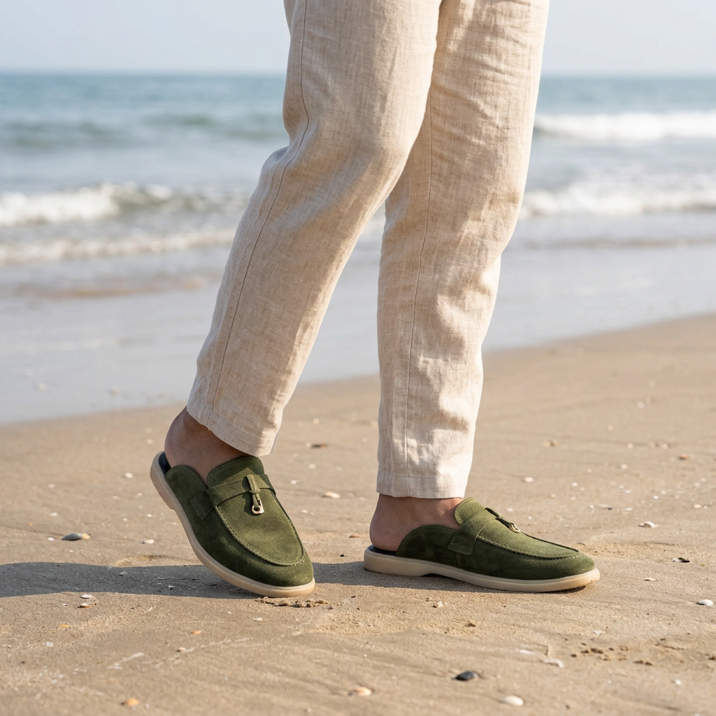Suede Leather Mules Charms (Olive Green)