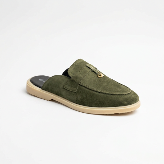 Suede Leather Mules Charms (Olive Green)