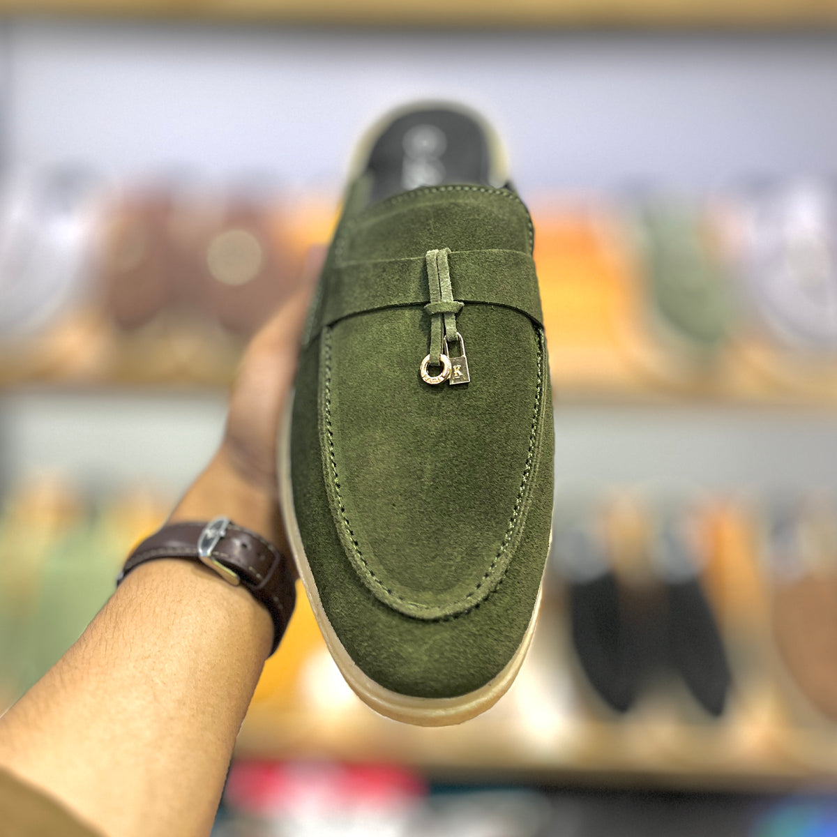 Suede Leather Mules Charms (Olive Green)