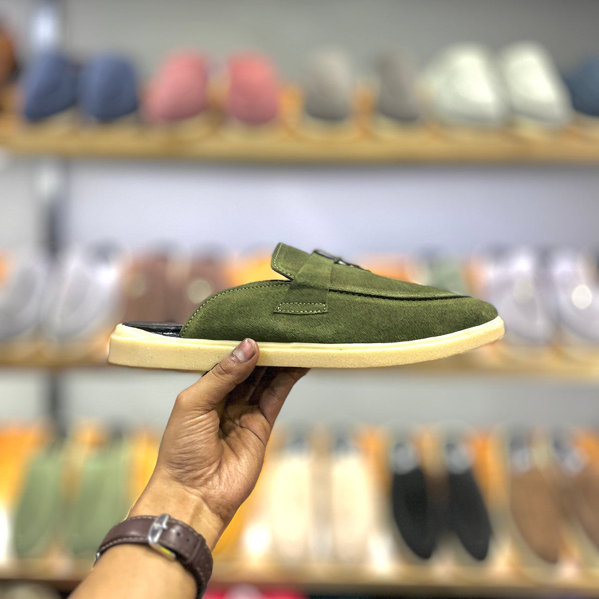 Suede Leather Mules Charms (Olive Green)