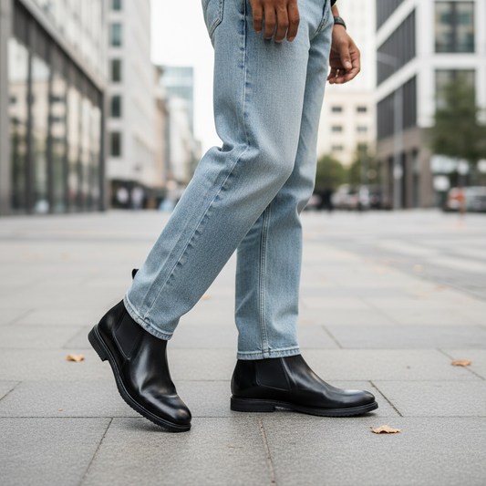 Man wearing black Chelsea boots with straight-leg baggy jeans from waist down