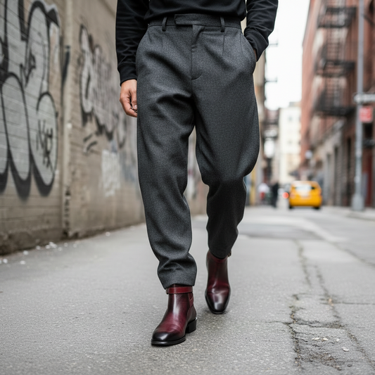 Person wearing Chelsea boots with baggy pants in urban setting
