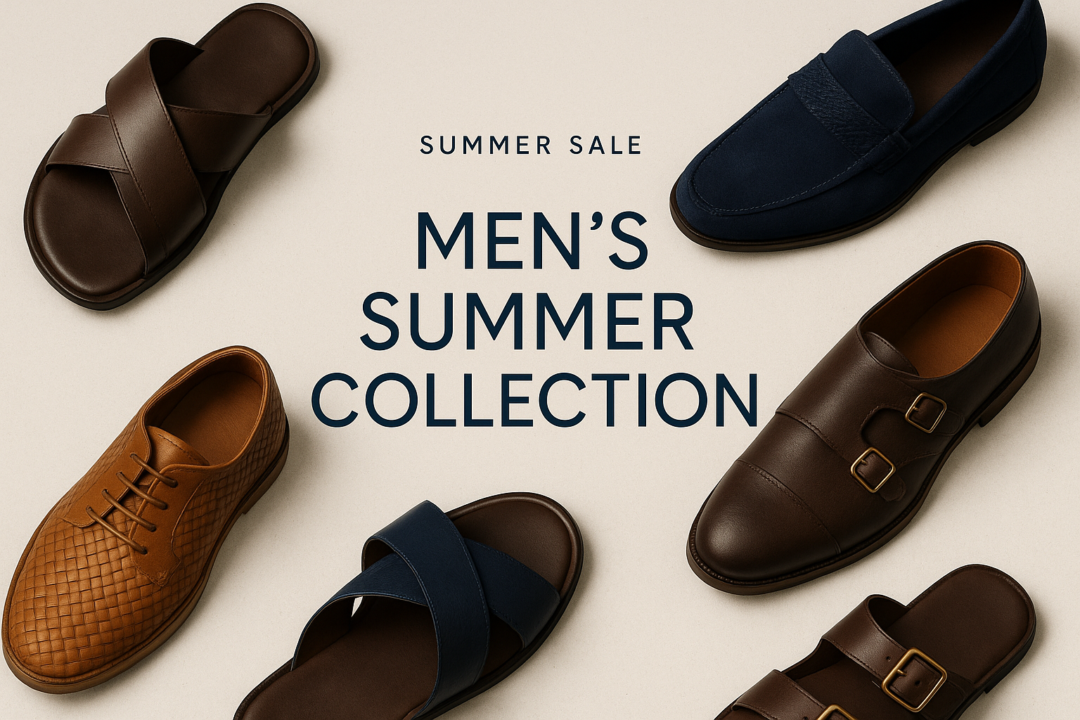 Premium men's summer collection banner featuring elegant men's sandals, slip-ons and casual shoes with sophisticated styling