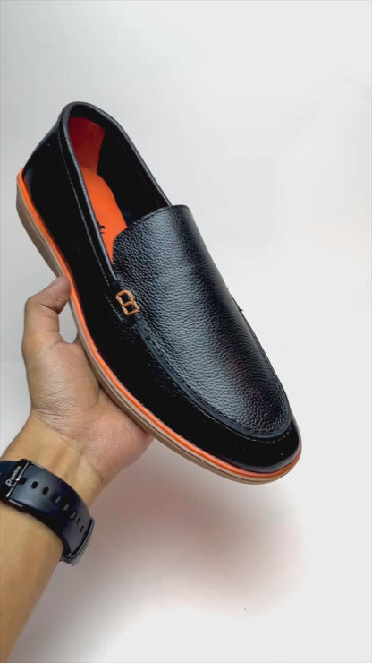 Genuine Leather Loafers for Men with Stylish Orange Sole (Black)