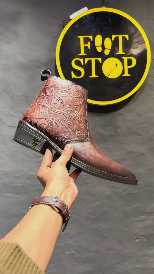 Cuban Heel Designer Chelsea Boots | Point Toe | Side Chain (Brown)