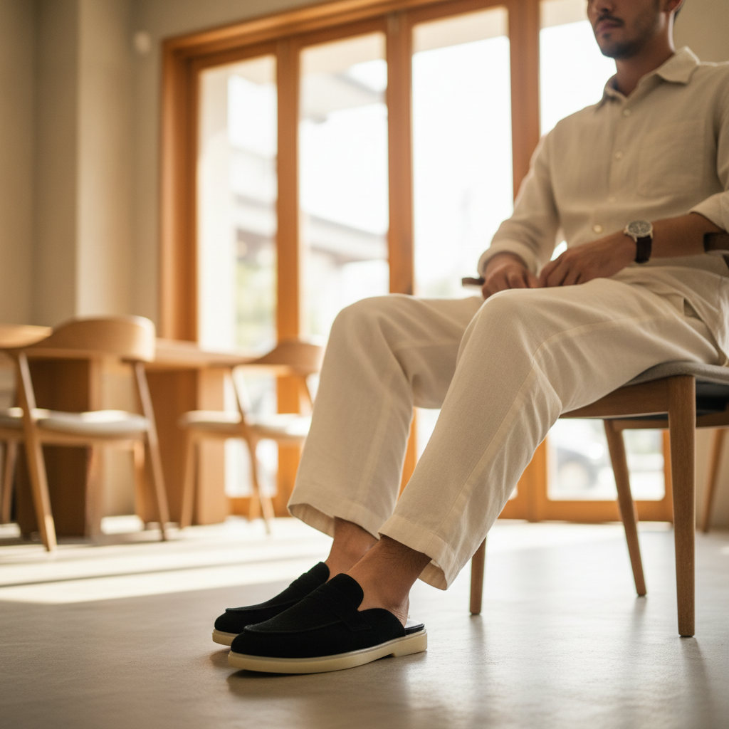 A hand holds a black suede slip-on loafer with a cream-colored sole in front of a blurred shoe store background.