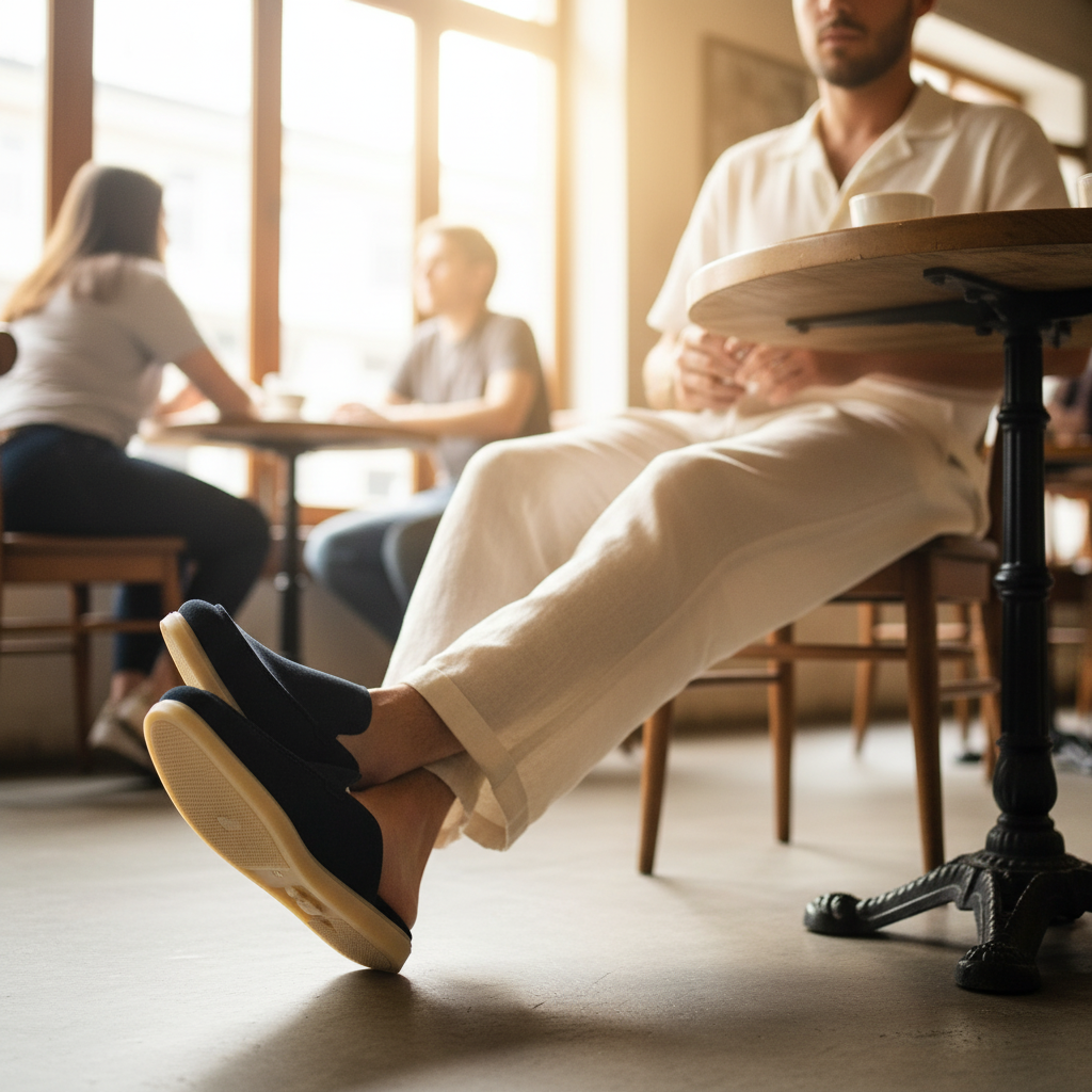A navy blue suede slip-on loafer held in a hand, with a blurred background of shoe shelves.