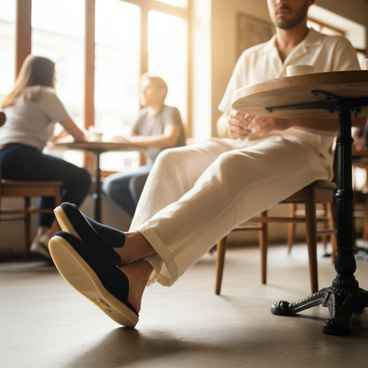 A navy blue suede slip-on loafer held in a hand, with a blurred background of shoe shelves.